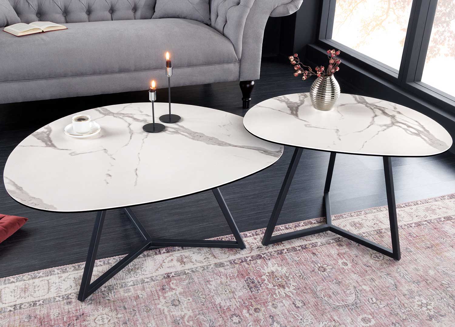 table basse blanche forme galet en céramique 70 cm et 90 cm